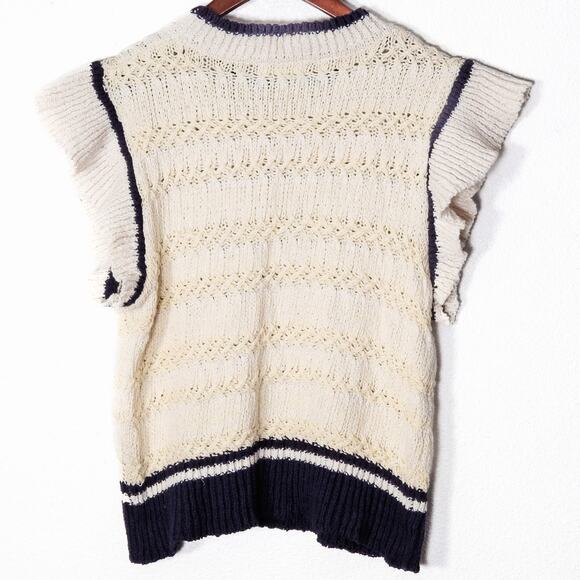 Elan Sleeveless Sweater Open Knit Cream Navy Women’s L Coastal Inspired - Picture 2 of 7